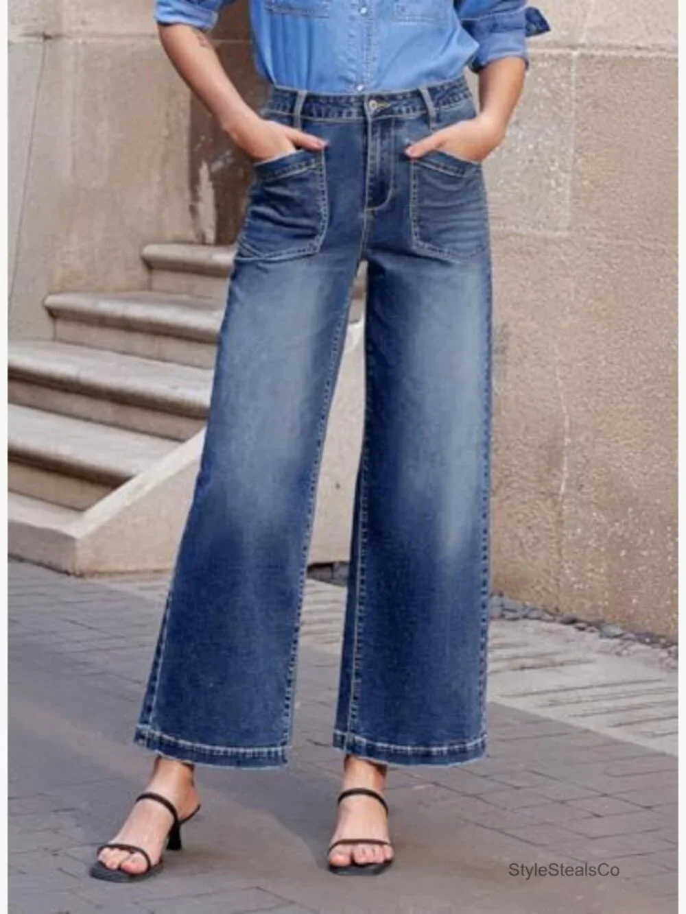 High Waisted Wide Leg Jeans Stretchy Straight Fit Ankle Length Denim Pants - Picture 2 of 7
